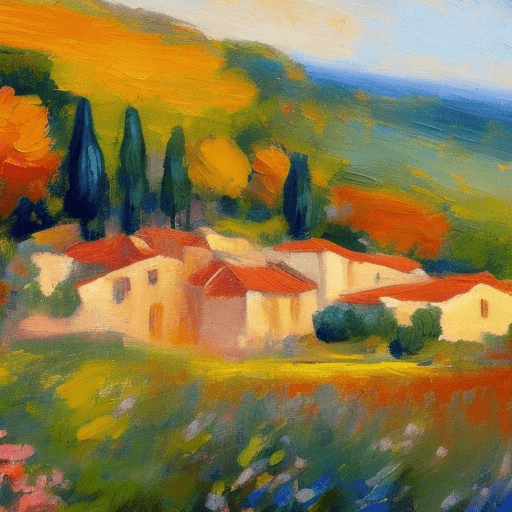 AI generated: impressionist painting on canvas of Provence, in the style of impressionist masters, warm colors, de...