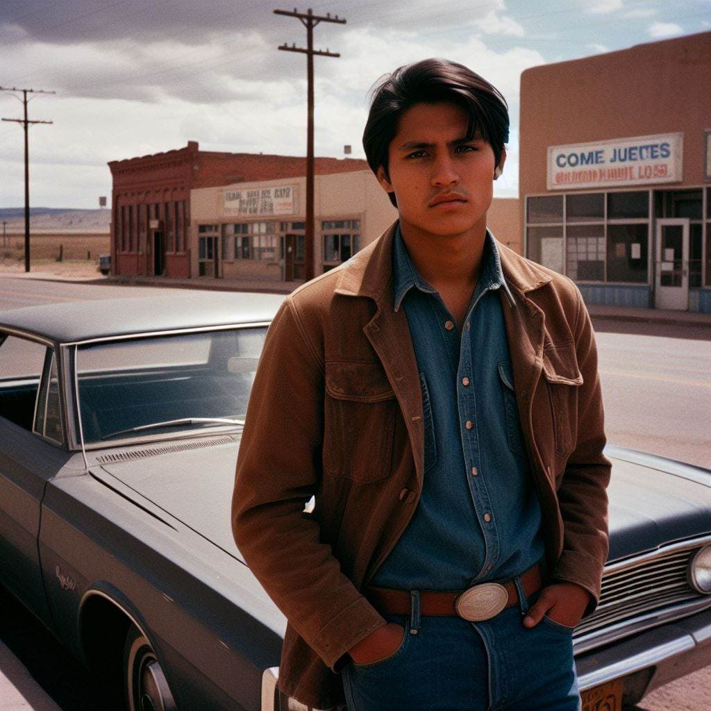 AI generated: 35mm shot of a young Navaho man standing in front of a building next to a car, albuquerque, represen...