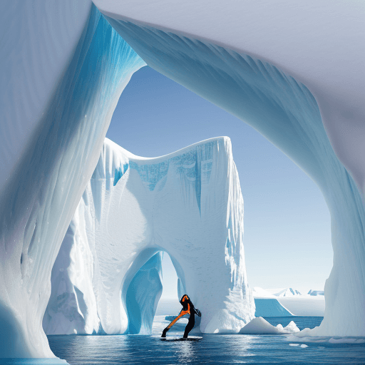 AI generated: Hyper realistic eye level photo  of an iceberg arch with young woman with blond hair ice climbing an...