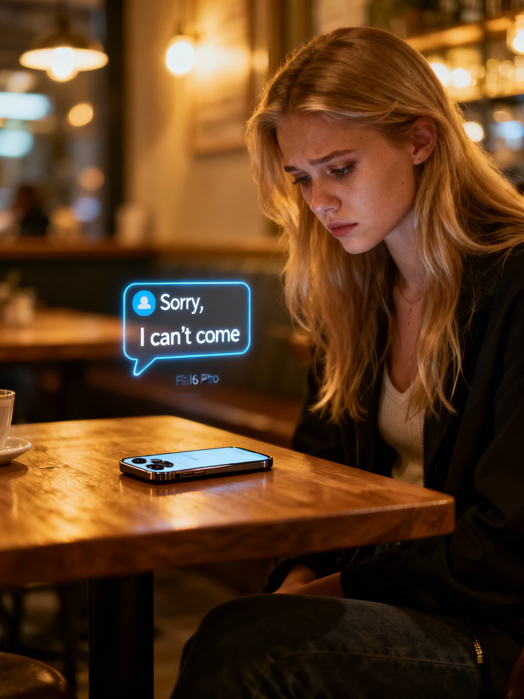 AI generated: A sad blonde sits in a cafe and reads a text message; her fiancé writes that he can't come.