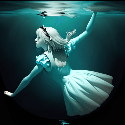 AI generated: alice floating horizontally under water.
realistic, not creepy
looking towards the top
 arm pointing...