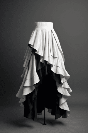 AI generated: Front view of a skirt, edgy design, featuring asymmetric ruffles and leather details, shot from a hi...