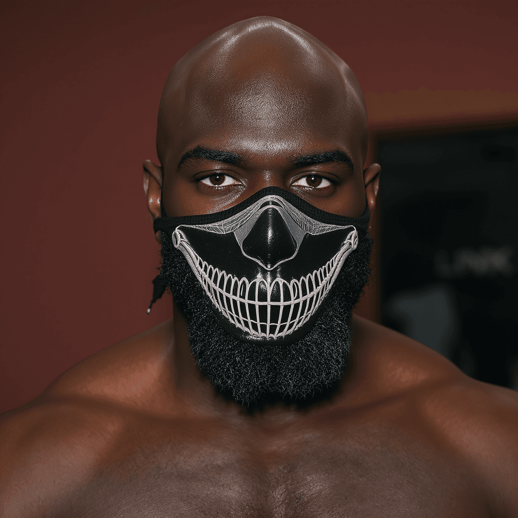 AI generated: bald head black man with beard with no shirt wearing a kink mask