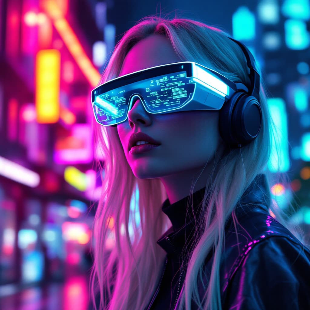 AI generated: A futuristic digital illustration features a woman wearing augmented reality glasses in a vibrantly ...