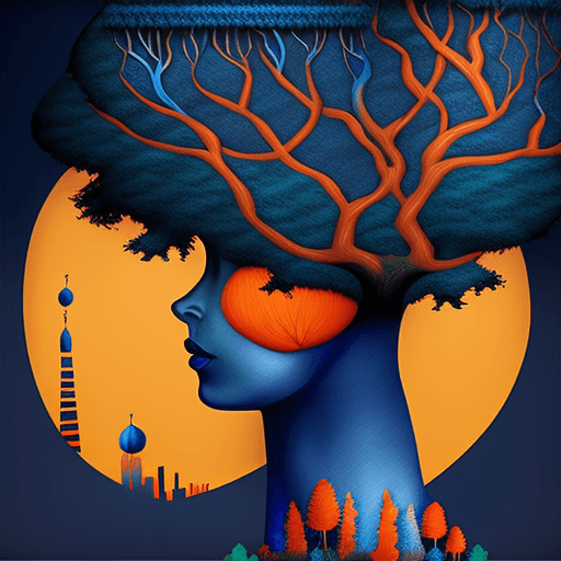 AI generated: a design of a woman's head with tree on her head, in the style of surreal city scenes, dark blue and...