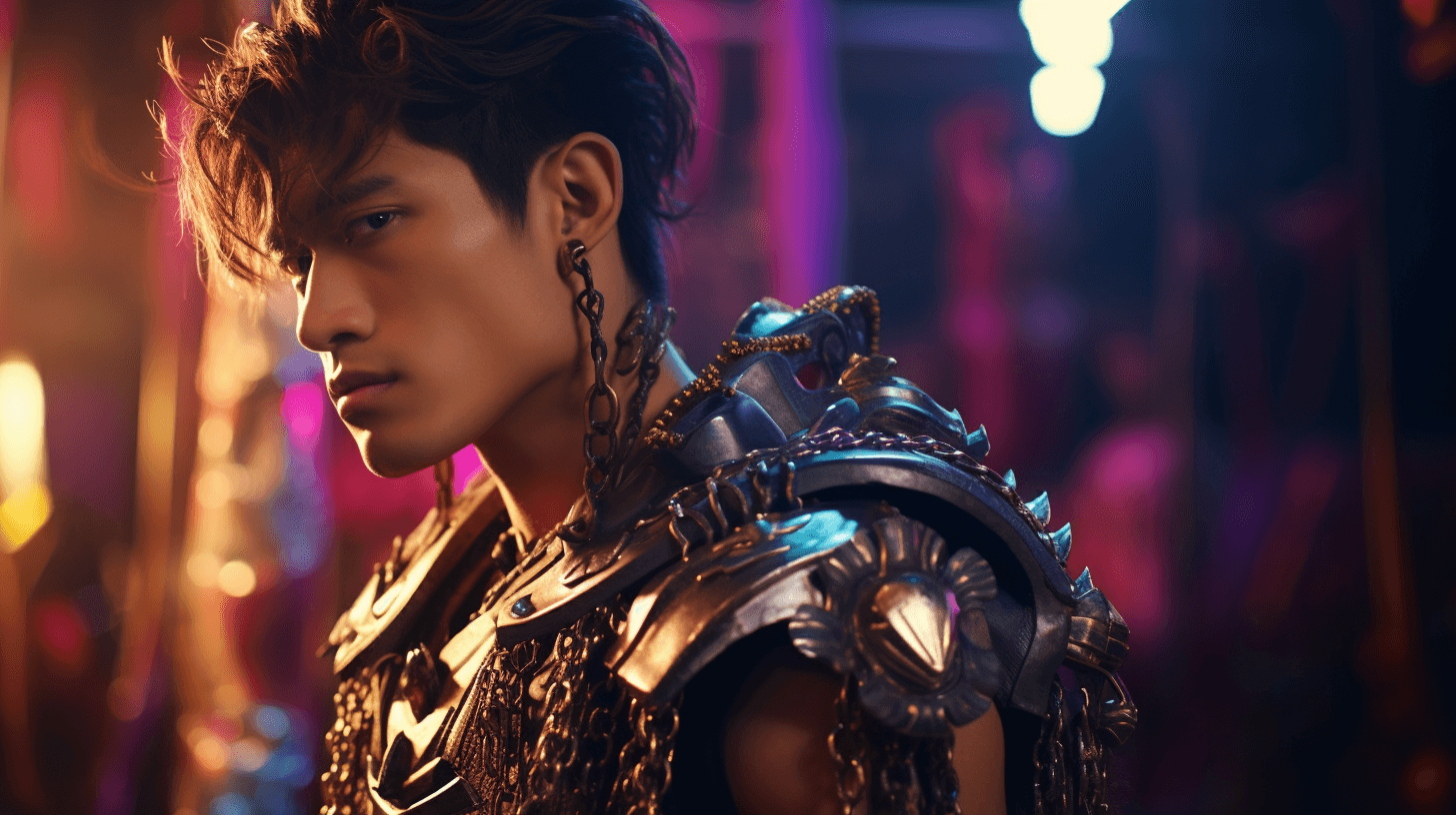 AI generated: handsome korean guy smiling with earrings and cool hair and colorful cyberpunk gladiator armor, 16-3...