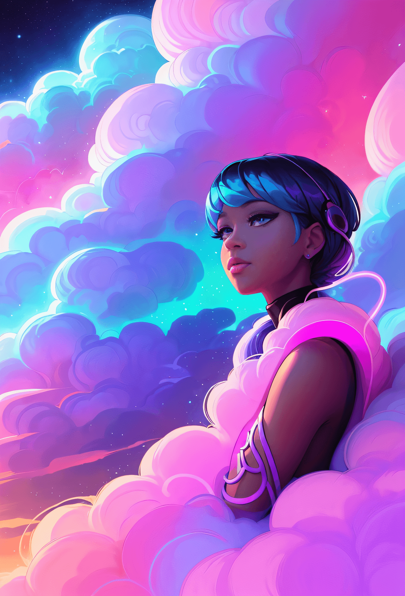 AI generated: a close up of a person with a black body and a purple and blue hair, jen bartel, dreamy psychedelic ...