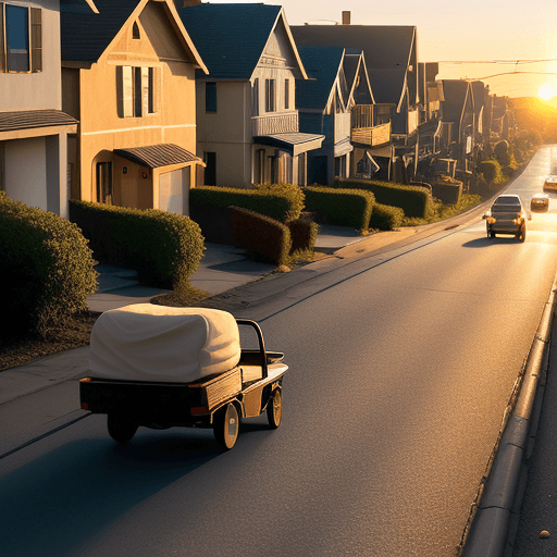 AI generated: Bed on wheels rolling down a hill on a street lined with houses at golden hour