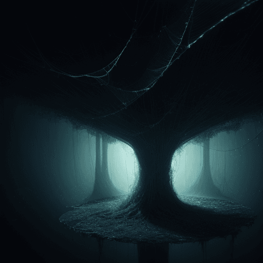 AI generated: deep thoughts, mysterious environment, confusion, a bright web breaks through the darkness, no peopl...