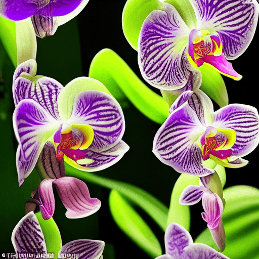 AI generated: (dark shot:1.1), luminous backlit glowing forest orchid, drops, neon lights around the orchid, faded...