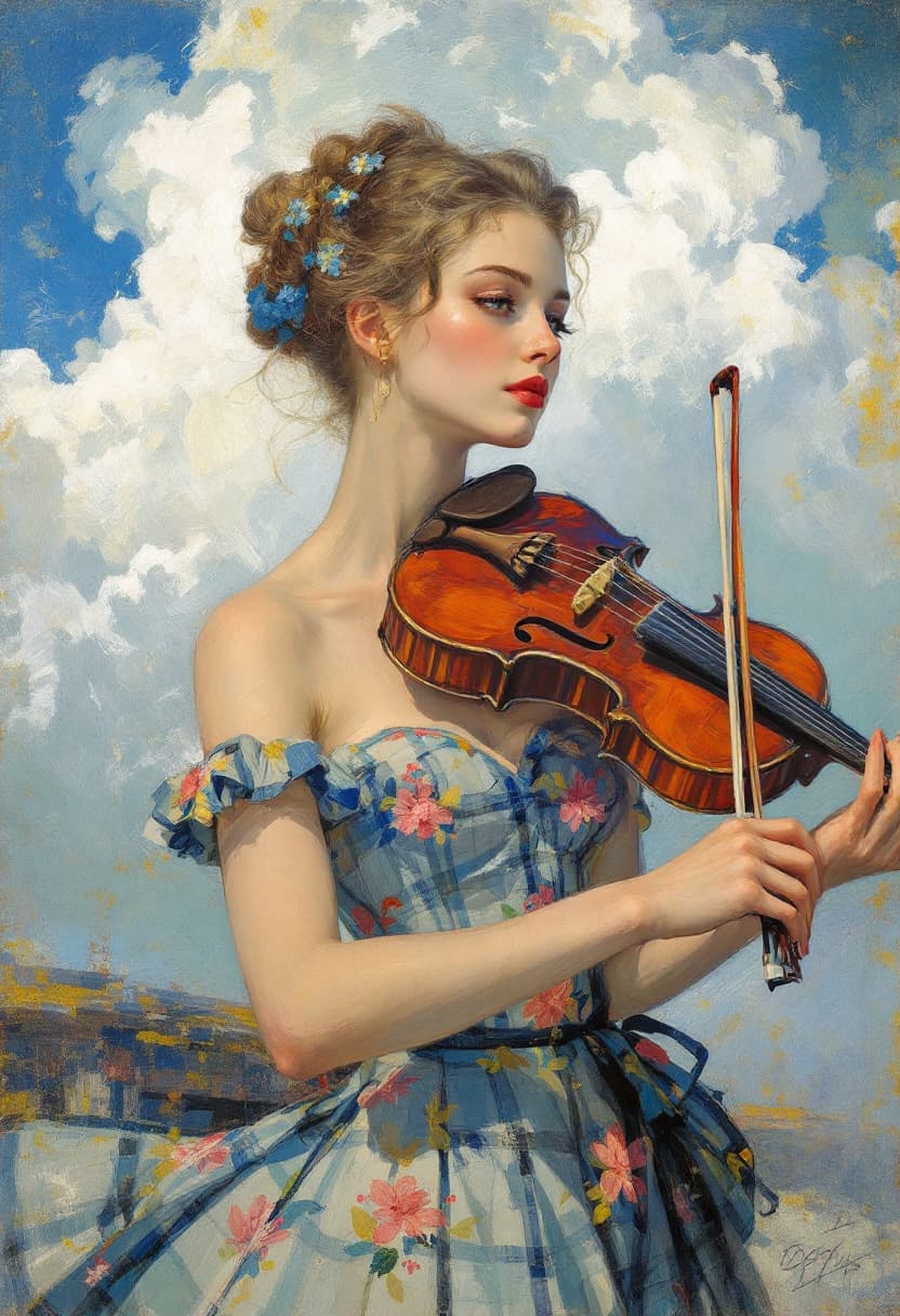 AI generated: Portrait of a Female Violinist in an Off-the-Shoulder Plaid Dress, Art Nouveau, Neo-Impressionism, C...