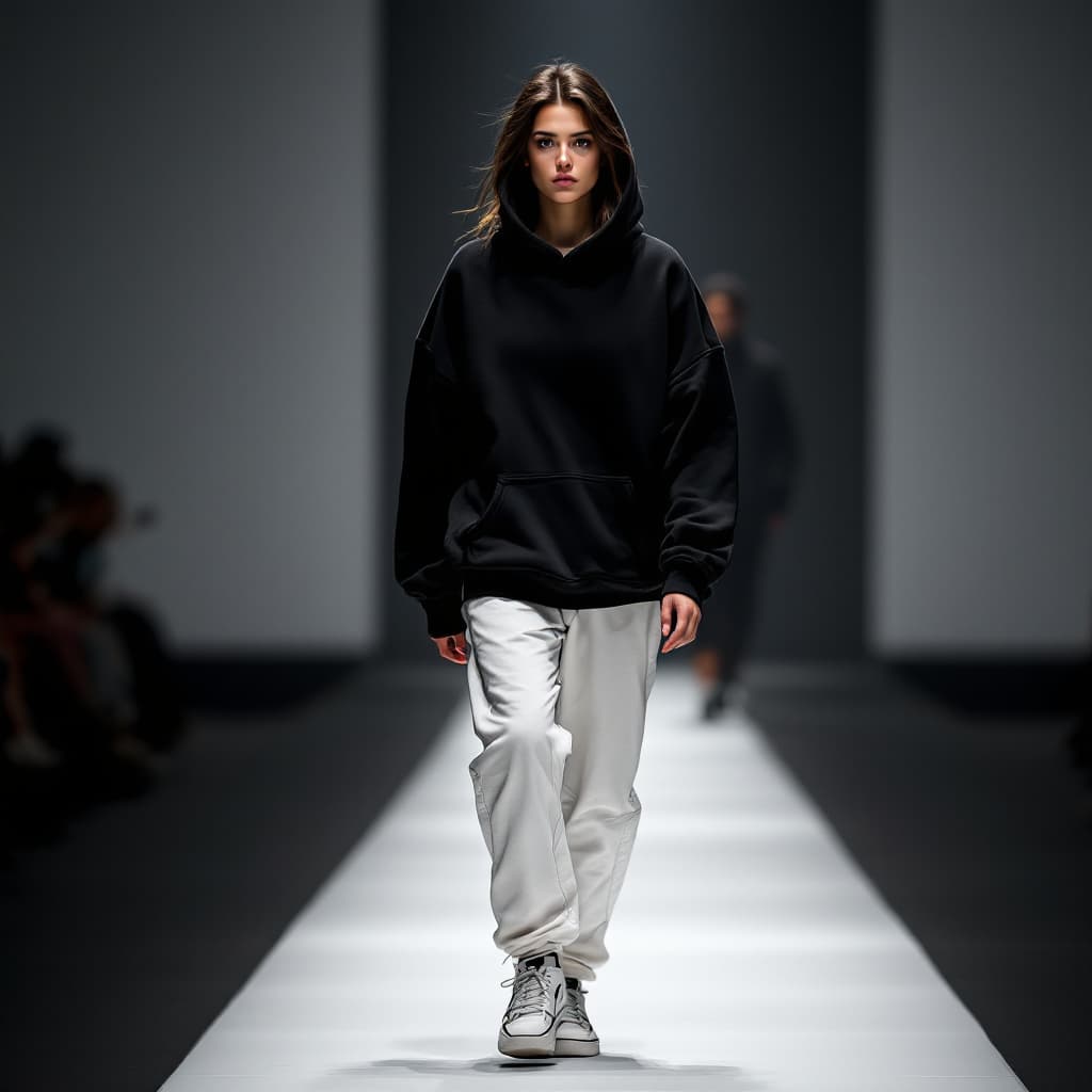 AI generated: 22 years old Woman walking down a runway in black hoodie and white sweatpants, she's alone, intense ...