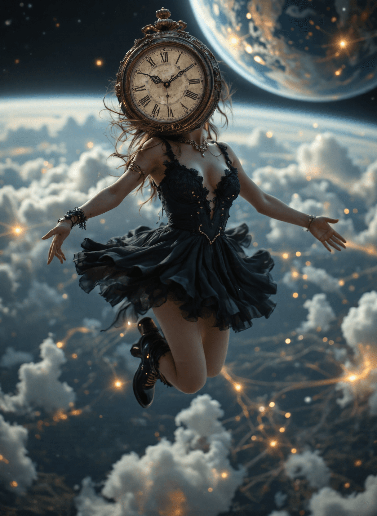 AI generated: The image depicts a surreal and imaginative scene where a woman is floating in space, with Earth vis...