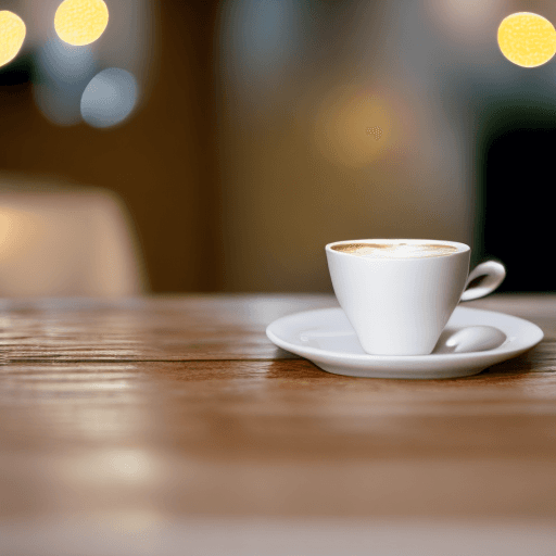 AI generated: A white cup of coffee stands on a wooden table against the background of bokeh, lights, a beige book...