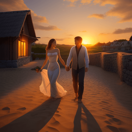 AI generated: Two lovers sitting hand in hand against the sunset in the evening, the light filtering from their wo...