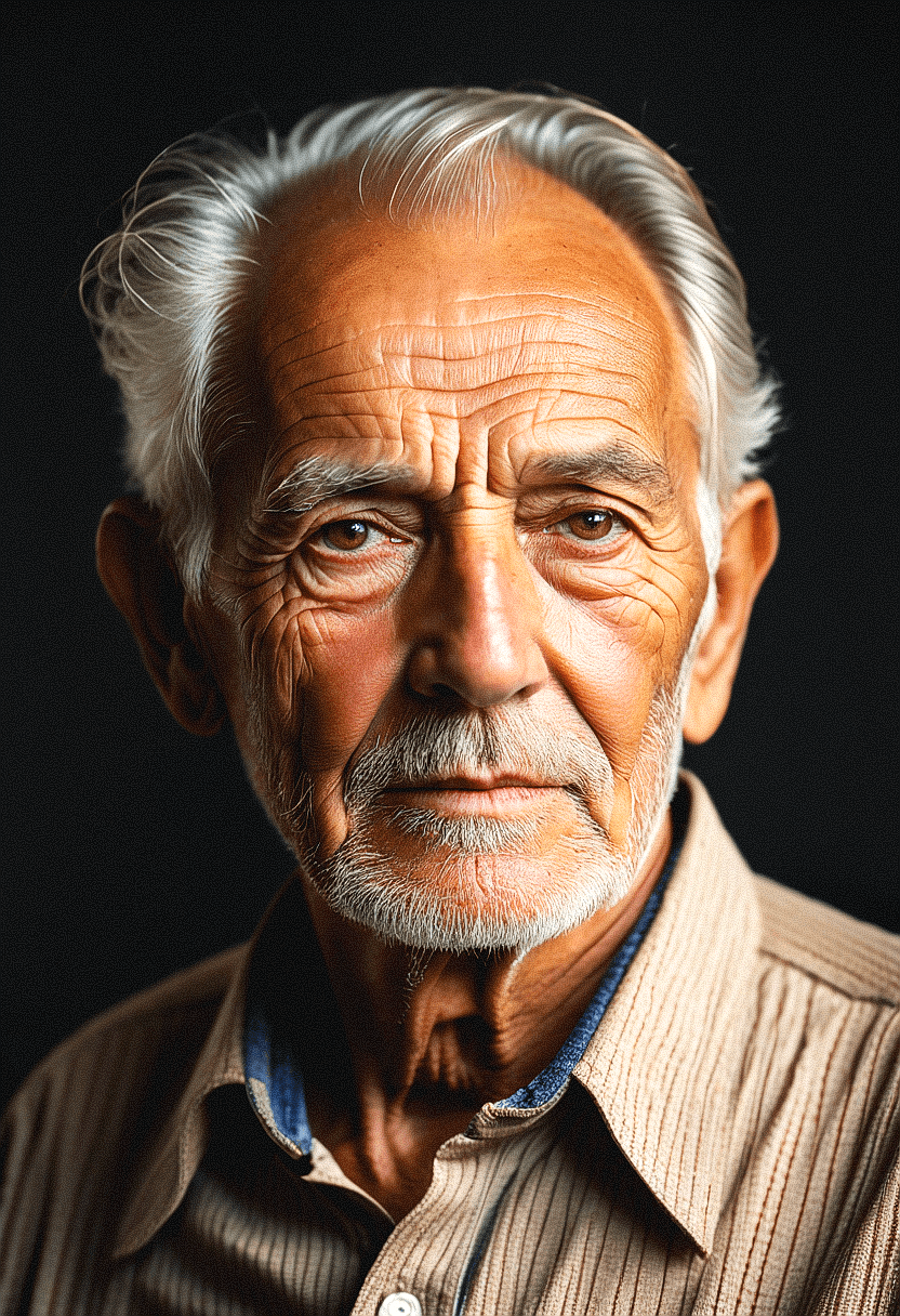 AI generated: Envision an elderly man with a face like a map of life, each wrinkle etched with stories untold. The...