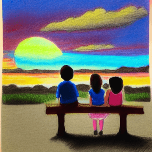 AI generated: doodle image of girl and boy sitting on bench and staring at the sky on beautiful sunset.