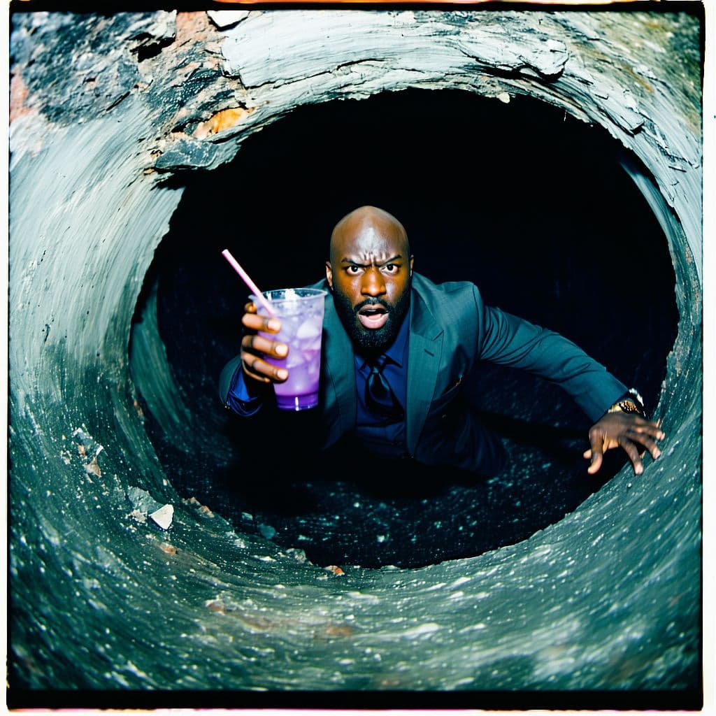 AI generated: grainy 80's photograph quality polaroid of big fat bald neurotic fearful black man floating into a b...
