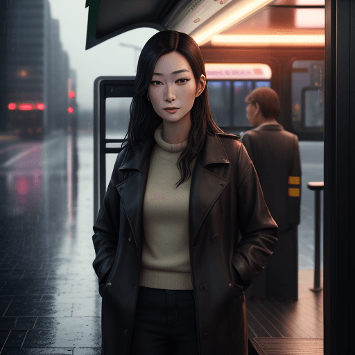 AI generated: Natasha Liu Bordizzo standing at a bus stop in a rainy morning of october. Photorealistic, 3d