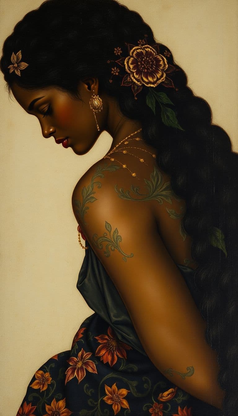 AI generated: Black-Woman-dark-skin-john-william-waterhouse-klimt-agnes-cecile-alphonse-mucha-lawrence alma-tadema...