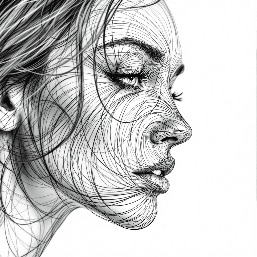 AI generated: Woman's portrait created from lines alone, shifting and twisting, their direction creating a differe...
