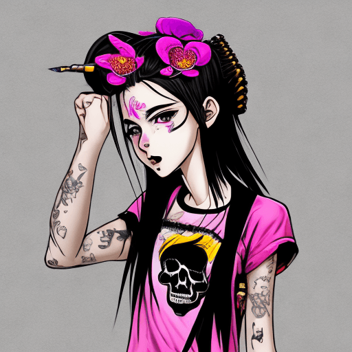 AI generated:  spotted teenager girl portrait,  manga style , orchid on an ear, skull on the tee shirt, punk color...