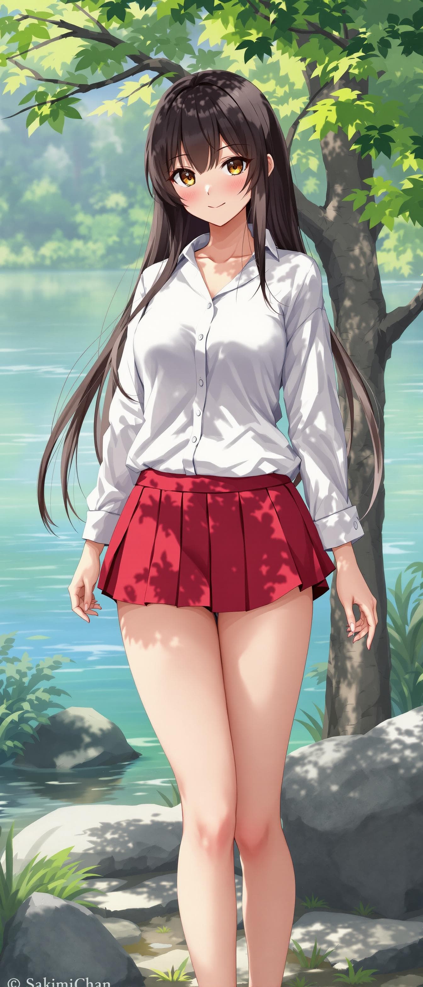 AI generated: realistic anime style , a girl, perfect anatomy, wearing a white shirt, red pleated mini skirt, thic...
