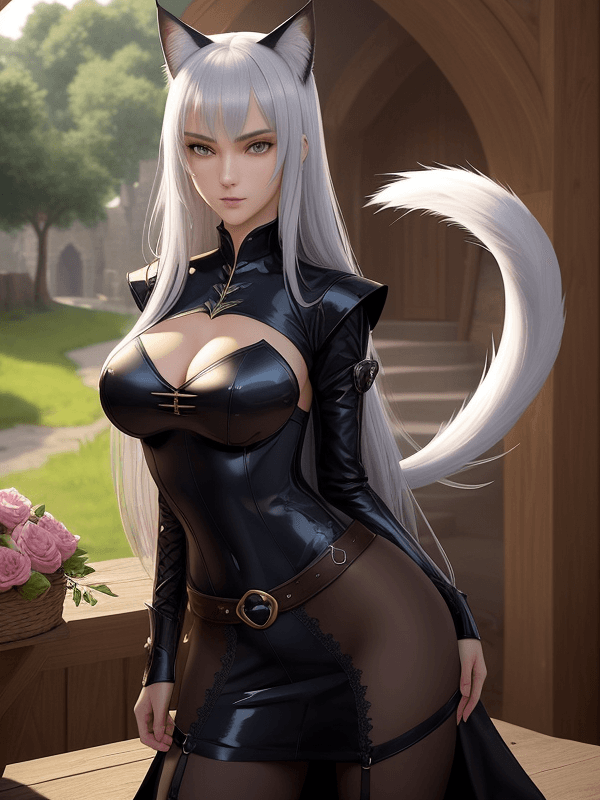 AI generated: A young beautiful cat-girl. Cat ears. Cat's tail. A beautiful face. Beautiful eyes. Clear eyes. A cl...