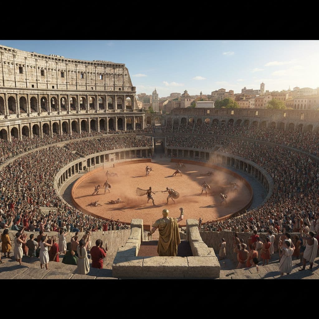 AI generated: Cinematic 3D rendering of the Colosseum in Rome during gladiatorial games, dust rising from the aren...