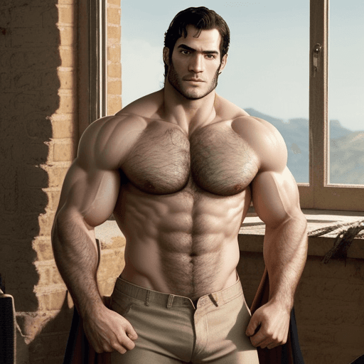 AI generated: Henry cavill super hairy chest and legs 
Showing big feet
Hands holding his hairy chest 
Tall muscul...