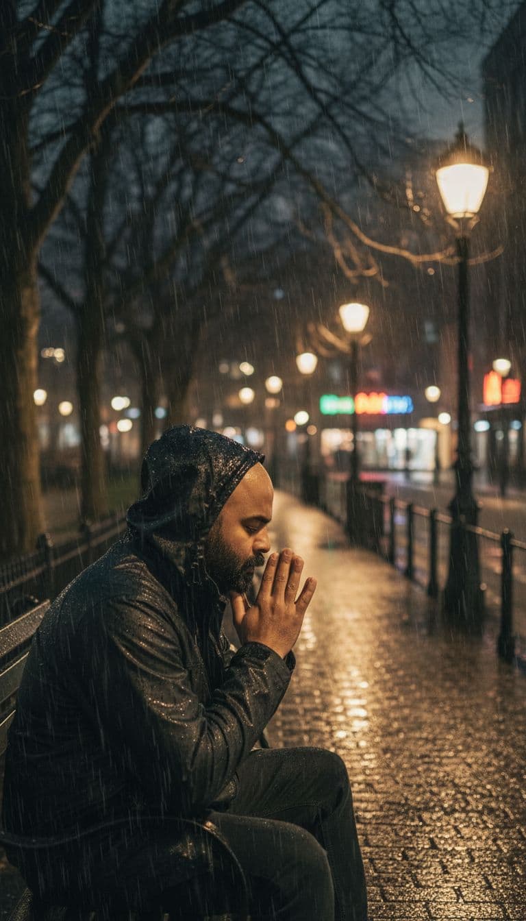 AI generated: A solitary man sitting on a park bench at night during rainy weather, wearing a hooded jacket  with ...