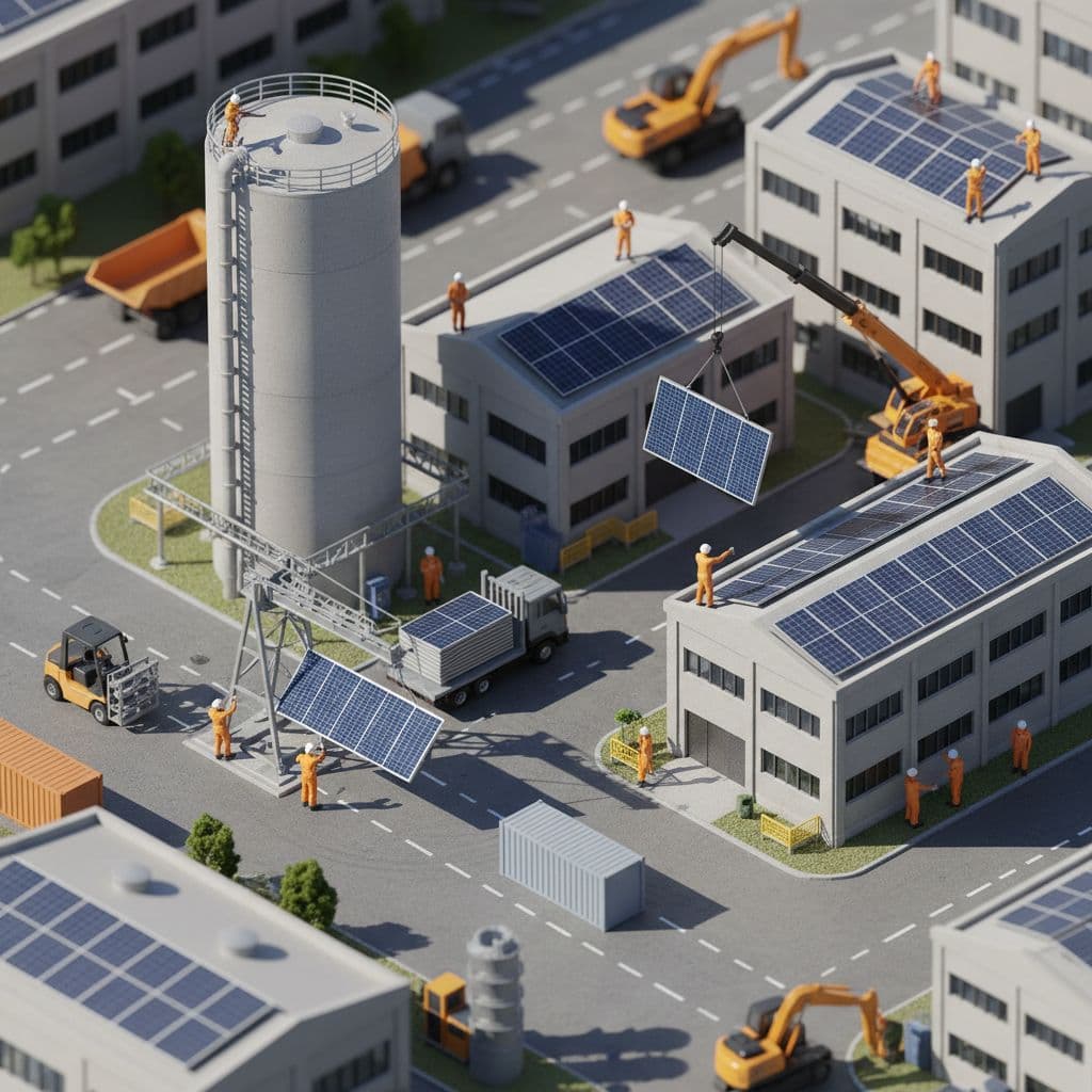 AI generated: In a highly detailed miniature industrial scene, workers in orange safety vests and white helmets ar...