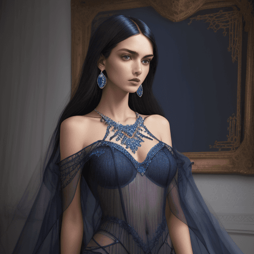 AI generated:  the model wears a short blue outfit and jewelry, in the style of heavy metal embroidery, light navy...