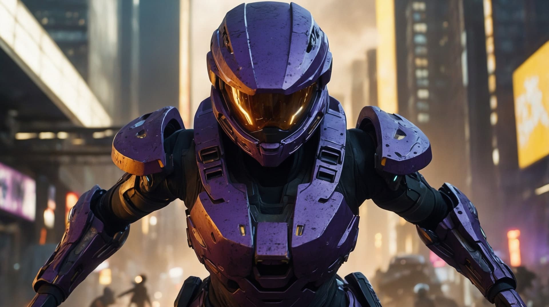 AI generated: photorealistic, detailed flying debris, a bulk female warrior in halo spartan armor fighting strongl...