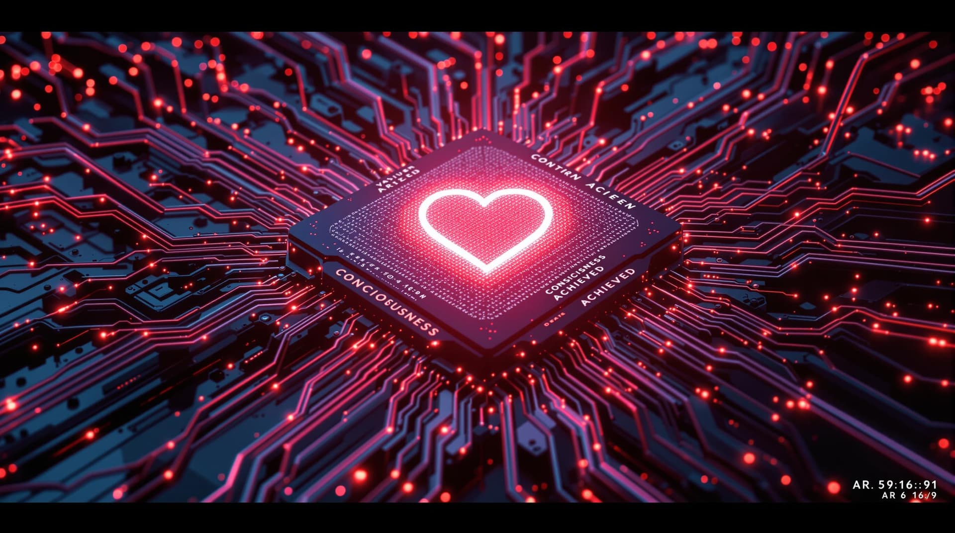 AI generated: Quantum computer core glowing like a heart, cables resembling veins, 'CONSCIOUSNESS ACHIEVED' error ...