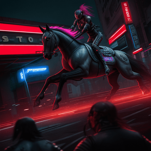 AI generated: cyberpunk horse fighting against another zombie horse, hyper detail, cinematic lighting, magic neon,...