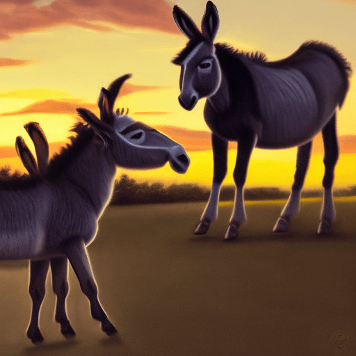 AI generated: two donkeys dancing on a medow at sunset
