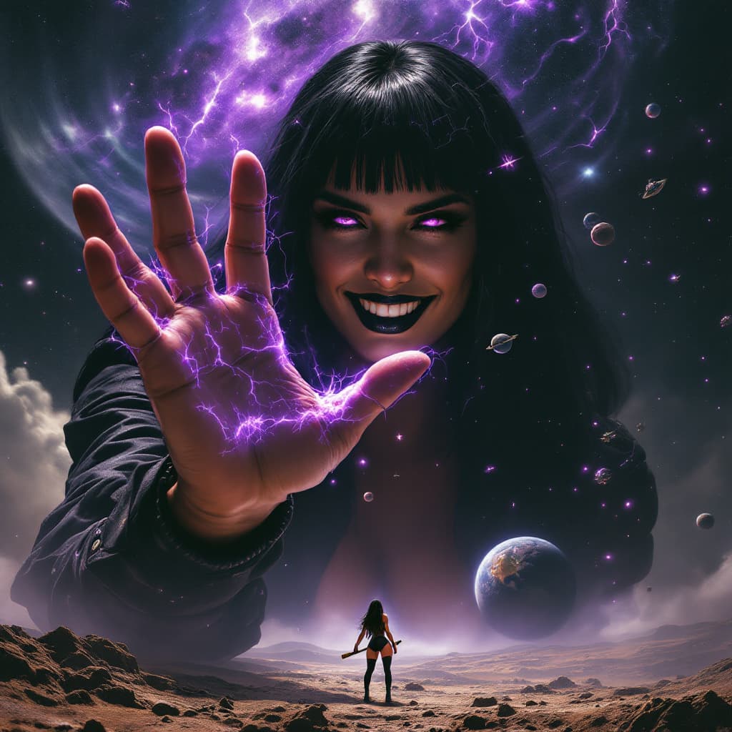 AI generated: enormous giantess female Rhea Ripley from WWE with black medium length hair and straight bangs, bigg...