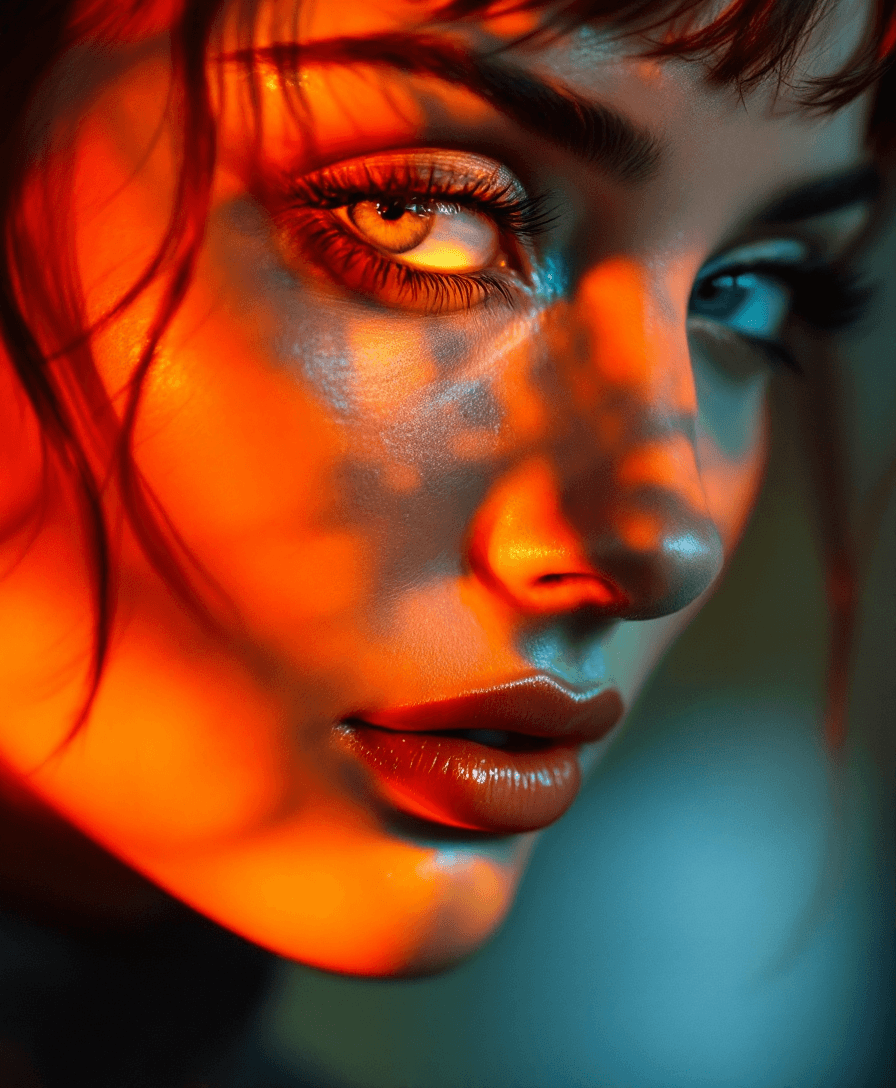 AI generated: A photorealistic 8K masterpiece of (Audrey Hepburn) close up of her face with orange, yellow and red...