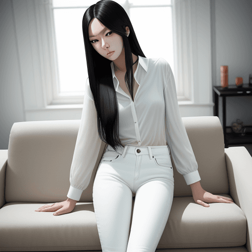 AI generated: leica Q3 an attractive Asian woman with long black hair, wearing white jeans, taken in her living ro...