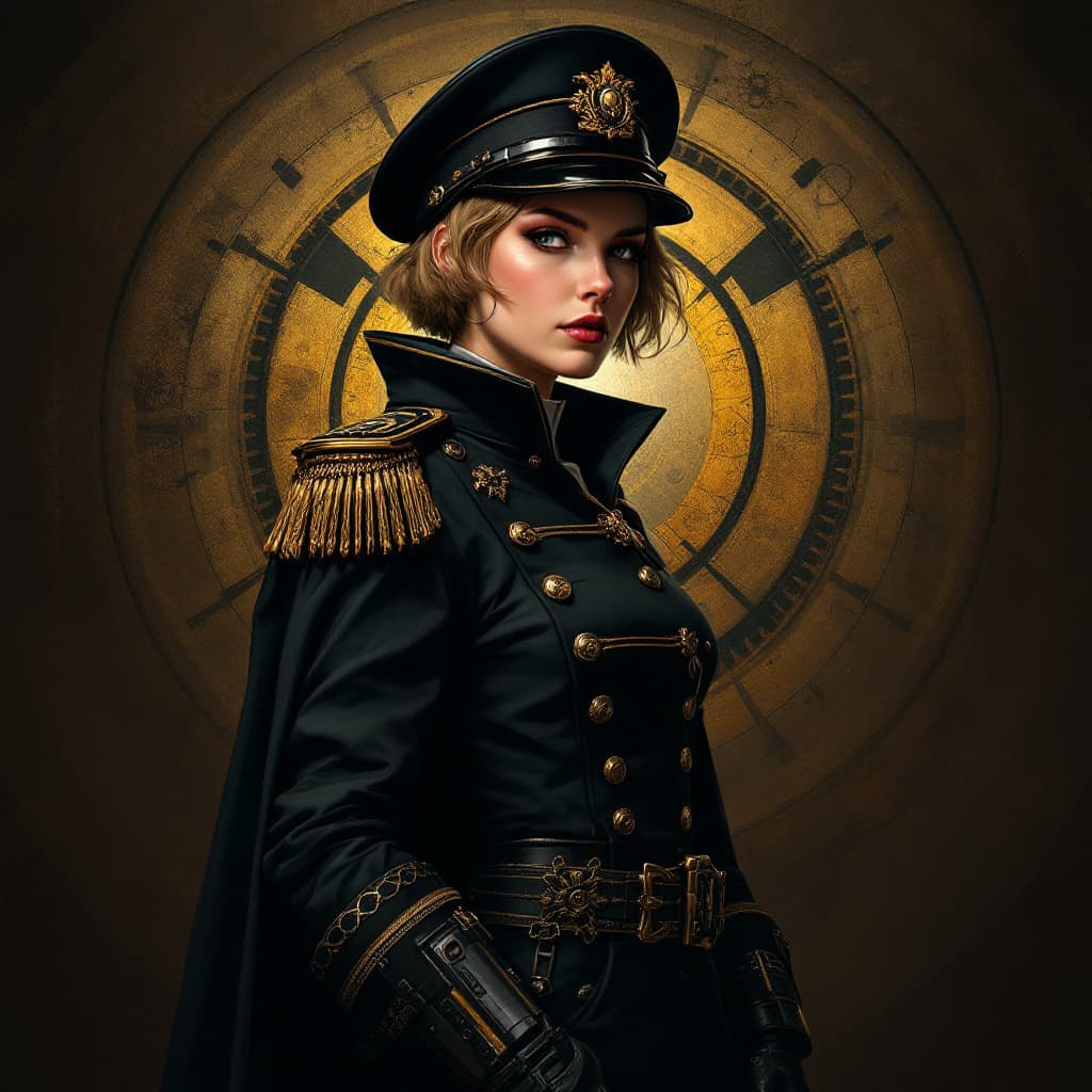 AI generated: full body, Portrait of a Evanna Lynch in warhammer 40k comissar tunic, short hair, dieselpunk, arist...