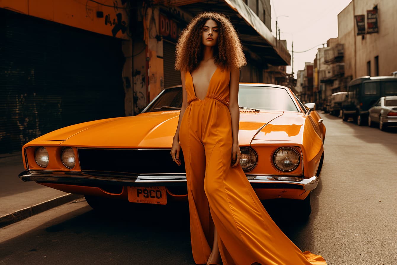 AI generated: a woman standing in front of an orange car, wearing light orange slit dress .photography fashion edi...