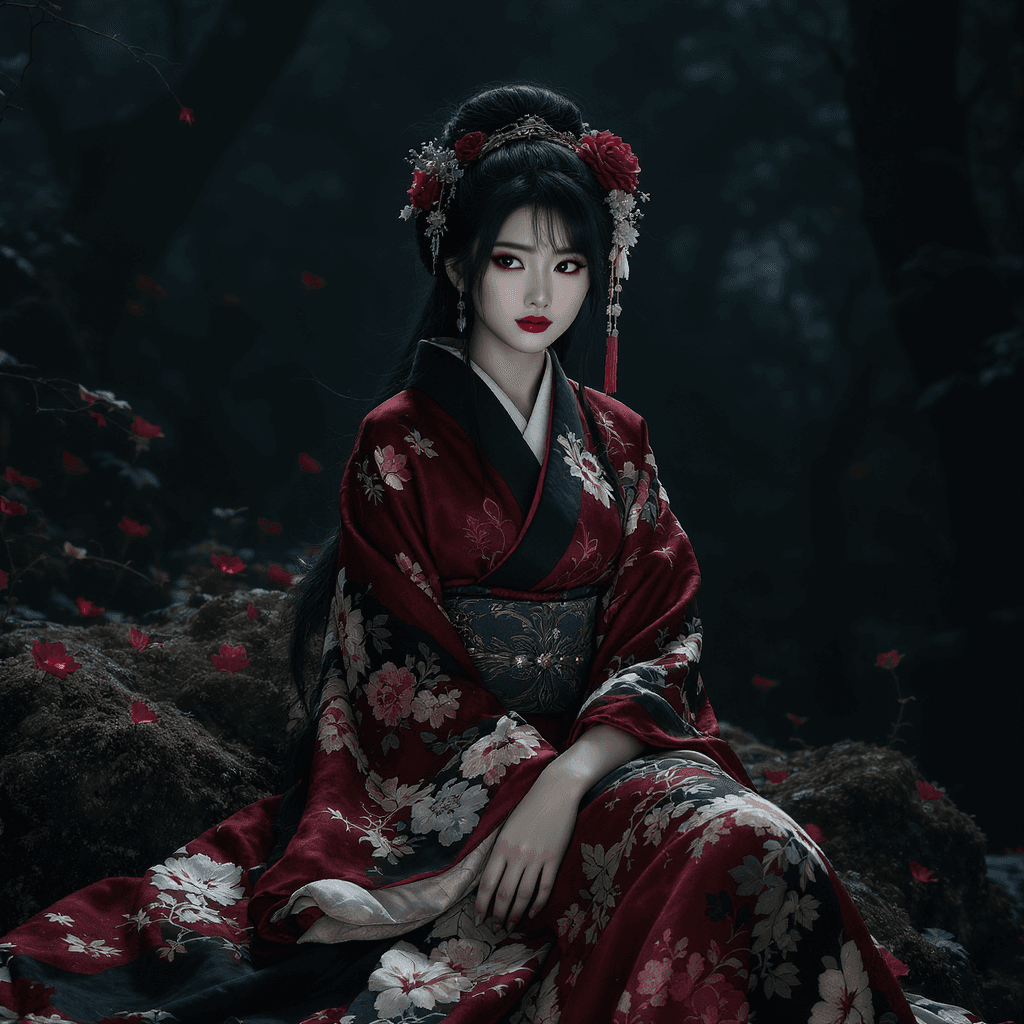 AI generated: A stunning, elegant woman in a dark, enchanted forest, sitting gracefully on a moss-covered rock. Sh...