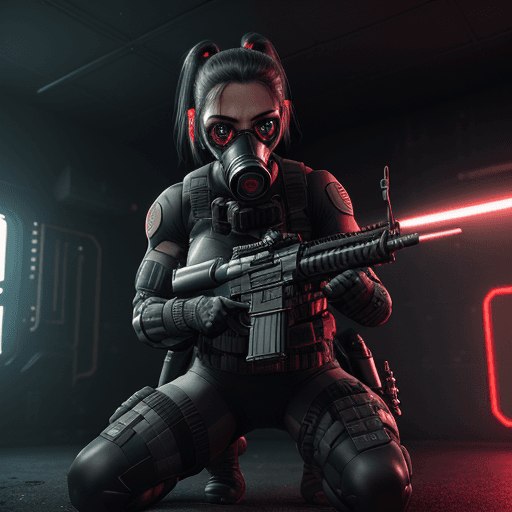 AI generated: A muscular special forces girl，eyes glowing, pony-tail hair, Gas masks, Wearing black special forces...