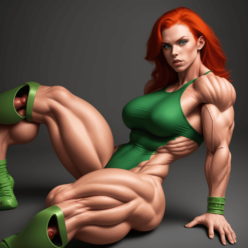 AI generated: 1 beautiful bodybuilder woman with a wide strong jaw, red hair, green eyes, SFW, big arms, big legs,...