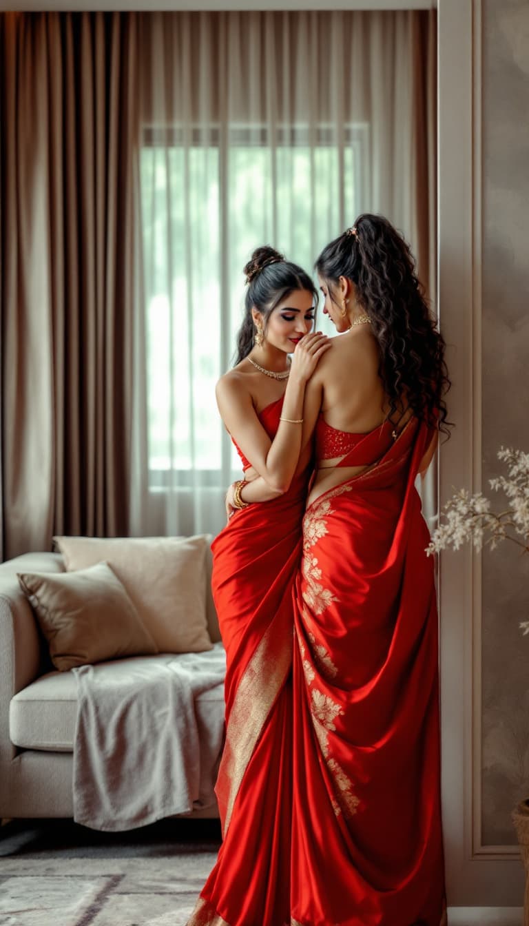 AI generated: full body view of most beautiful women in red saree as most beautiful indian realstic women with plu...