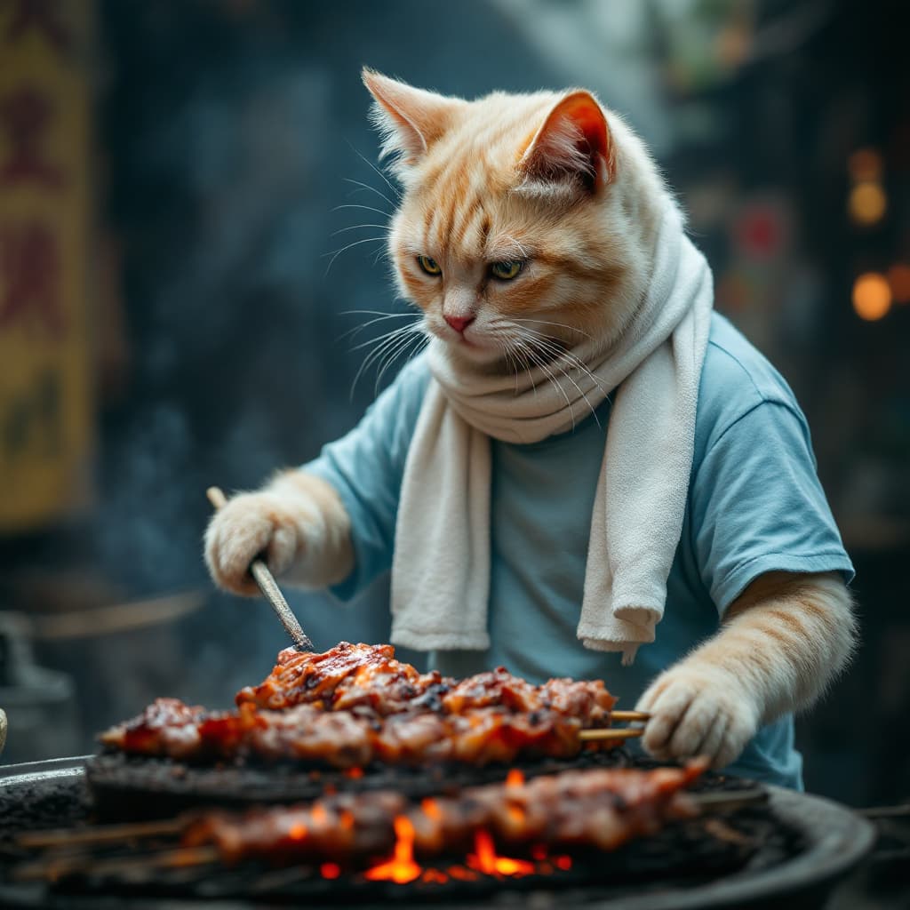 AI generated: Dramatic photo, panorama, full body, anthropomorphic real cute creamy cat, wearing old light blue t-...