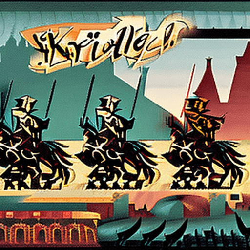 AI generated: poster with knight, prince, robin hood, Cinderella, and dwarfs driving cars, in the background a cas...