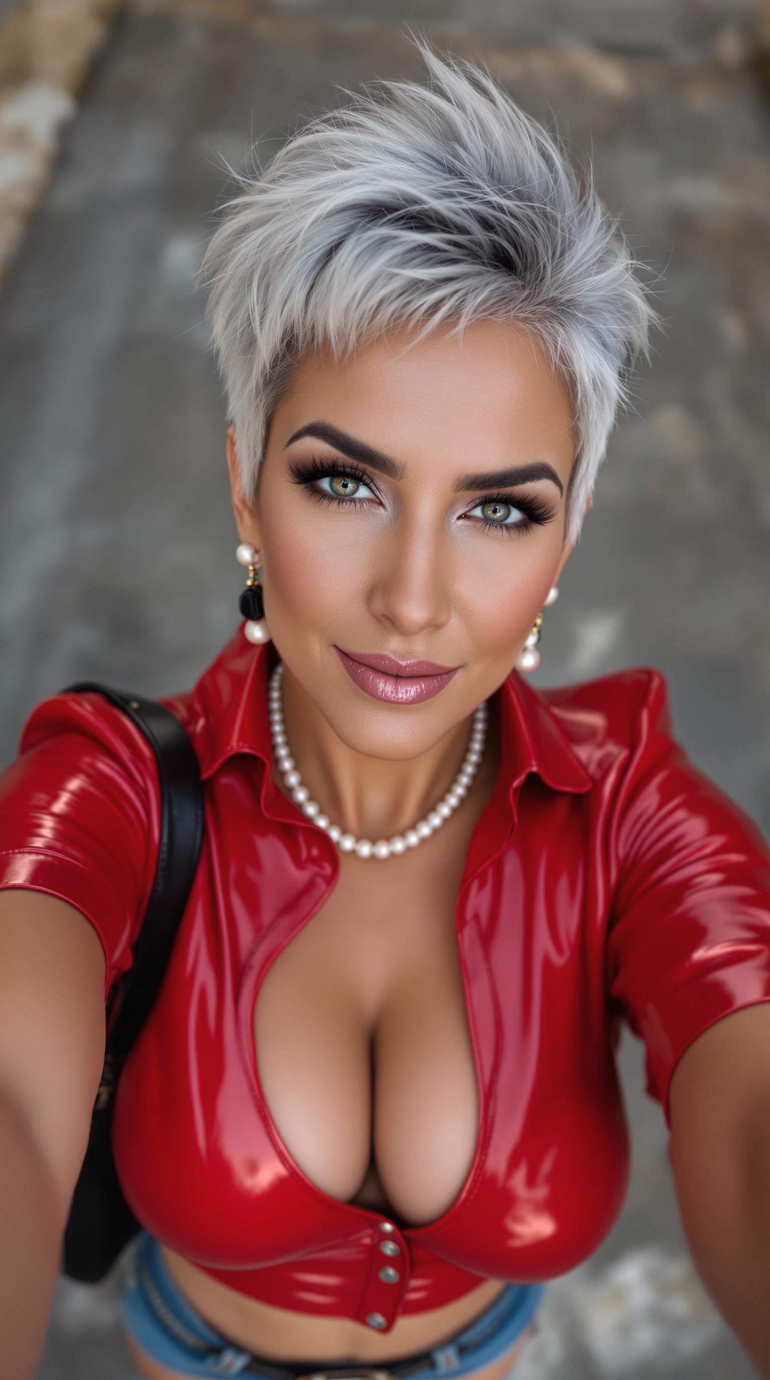 AI generated: Low angle Closeup Overhead selfie shot of a towering, beautiful, sultry, seductive, Israeli sexxy 60...