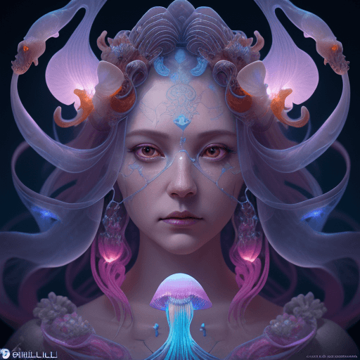 AI generated: Goddess close-up portrait ribcagel. jellyfish phoenix head, nautilus, orchid, skull, betta fish, bio...